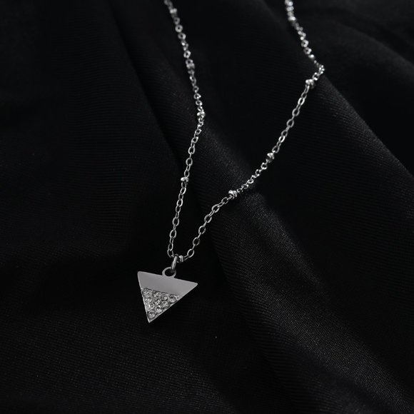 Beaded Chain Necklace with Zirconia Pavé Triangle Pendant in Silver - Picture 2 of 9